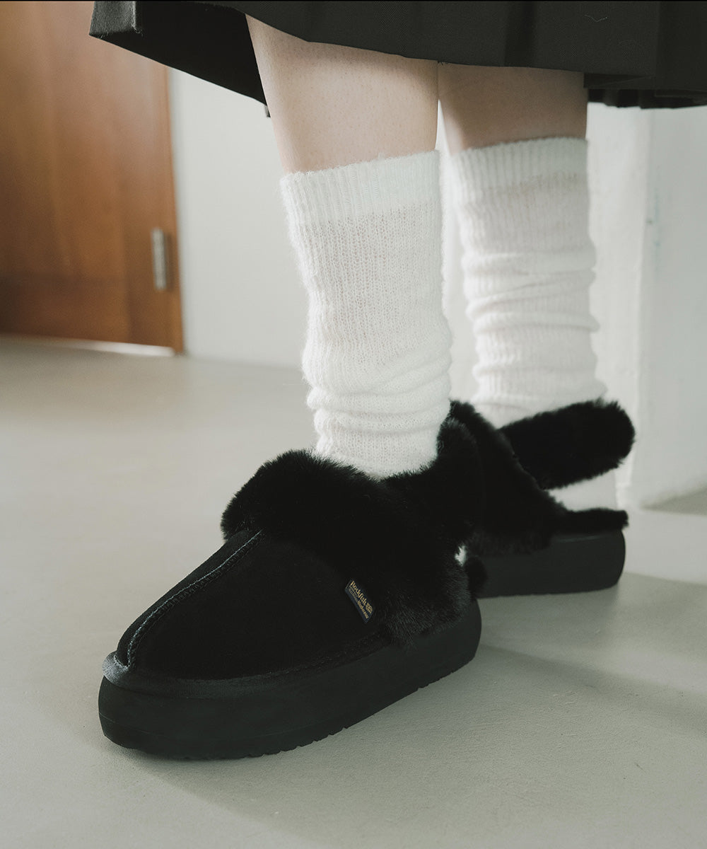 รองเท้าเปิดส้น FLATFORM FUR SLINGBACK - BLACK