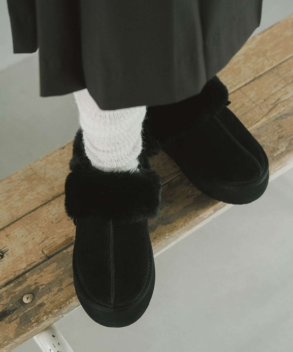 รองเท้าเปิดส้น FLATFORM FUR SLINGBACK - BLACK