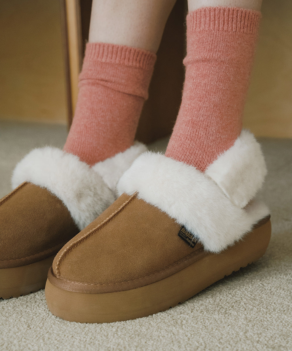 รองเท้าเปิดส้น FLATFORM FUR SLINGBACK - CHESTNUT
