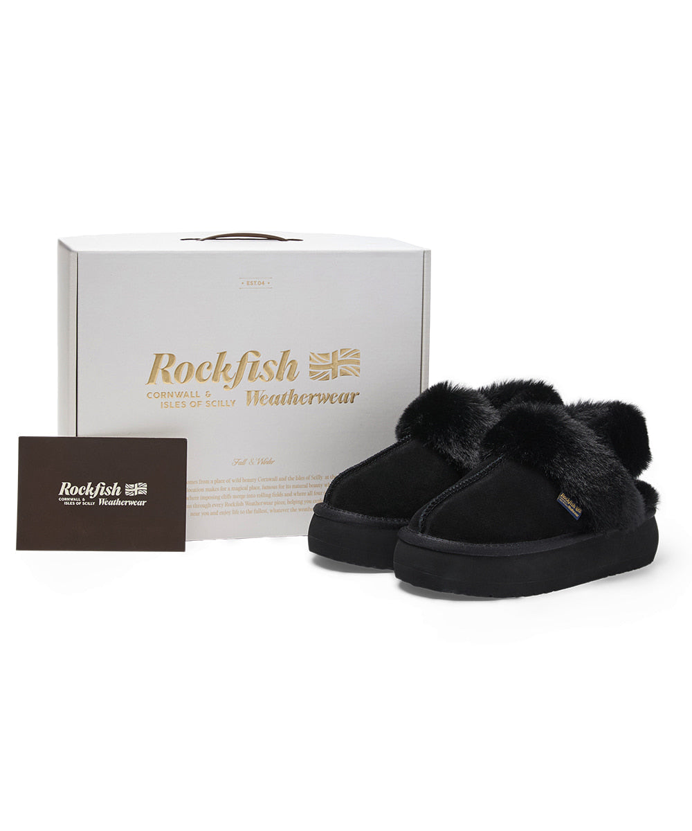 รองเท้าเปิดส้น FLATFORM FUR SLINGBACK - BLACK