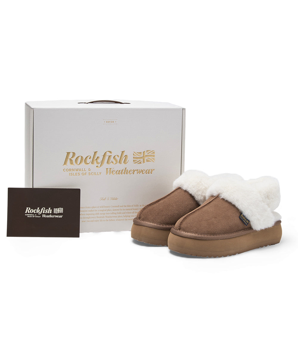 รองเท้าเปิดส้น FLATFORM FUR SLINGBACK - CHESTNUT