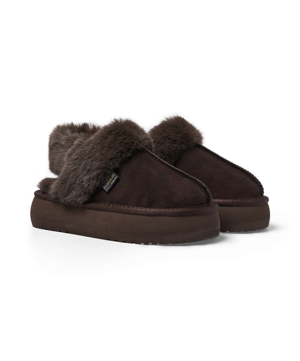 รองเท้าเปิดส้น FLATFORM FUR SLINGBACK - CHOCO