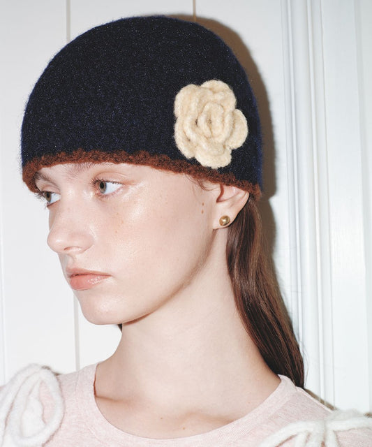 หมวกบีนนี่ HANDMADE FLOWER CROCHET HAT - NAVY