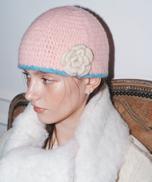 หมวกบีนนี่ HANDMADE FLOWER CROCHET HAT - PINK