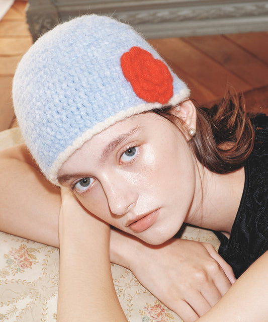หมวกบีนนี่ HANDMADE FLOWER CROCHET HAT - SKY BLUE
