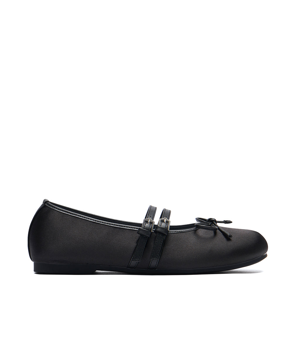 รองเท้าแมรี่เจน SQUARE TOE TWO STRAP MARYJANE SATIN - BLACK