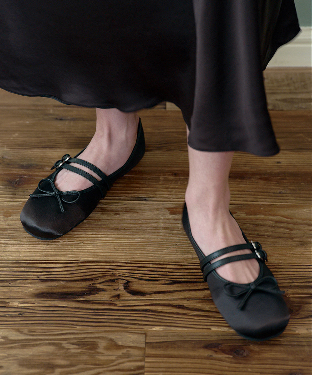 รองเท้าแมรี่เจน SQUARE TOE TWO STRAP MARYJANE SATIN - BLACK