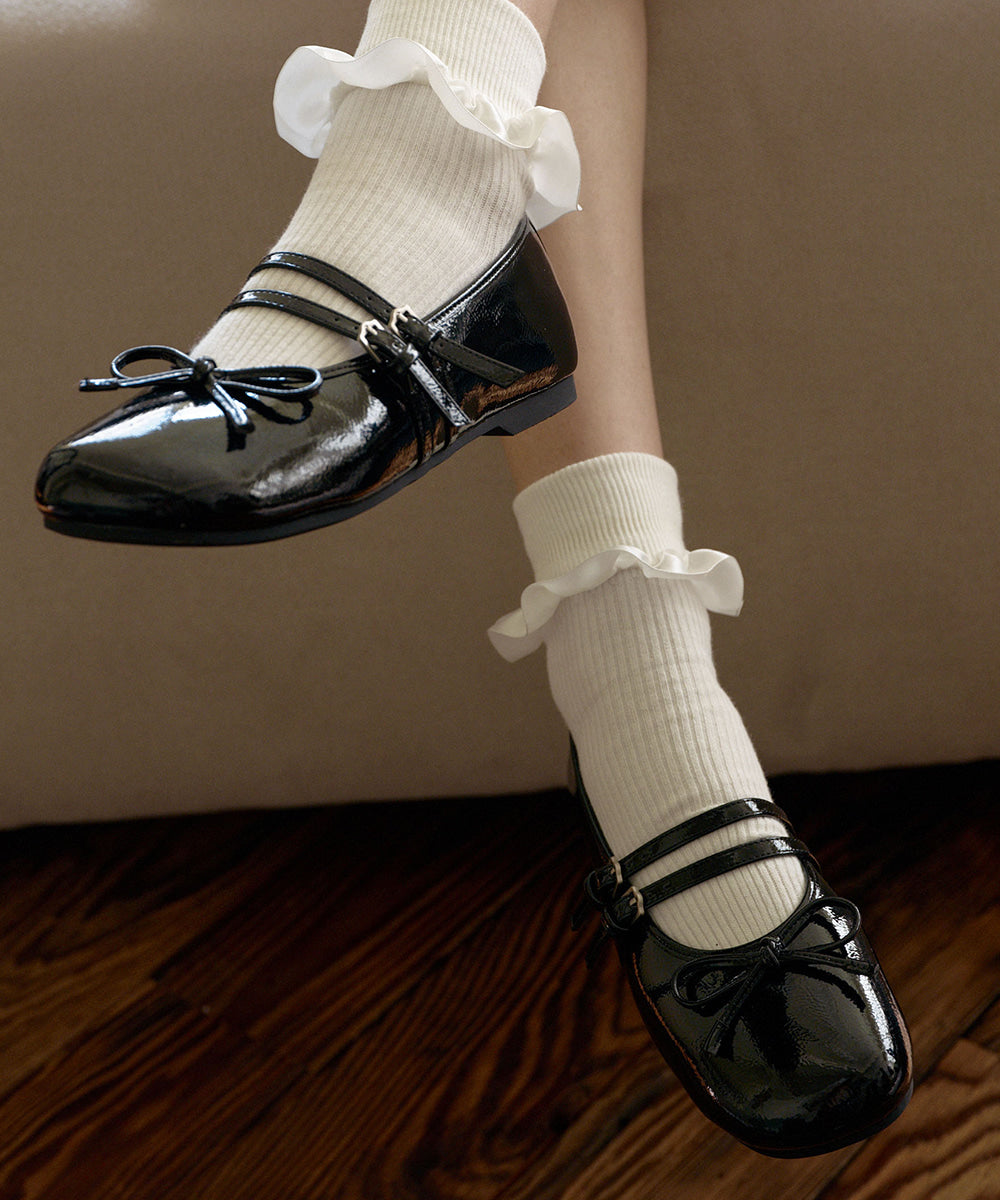รองเท้าแมรี่เจน SQUARE TOE TWO STRAP MARYJANE ENAMEL - BLACK