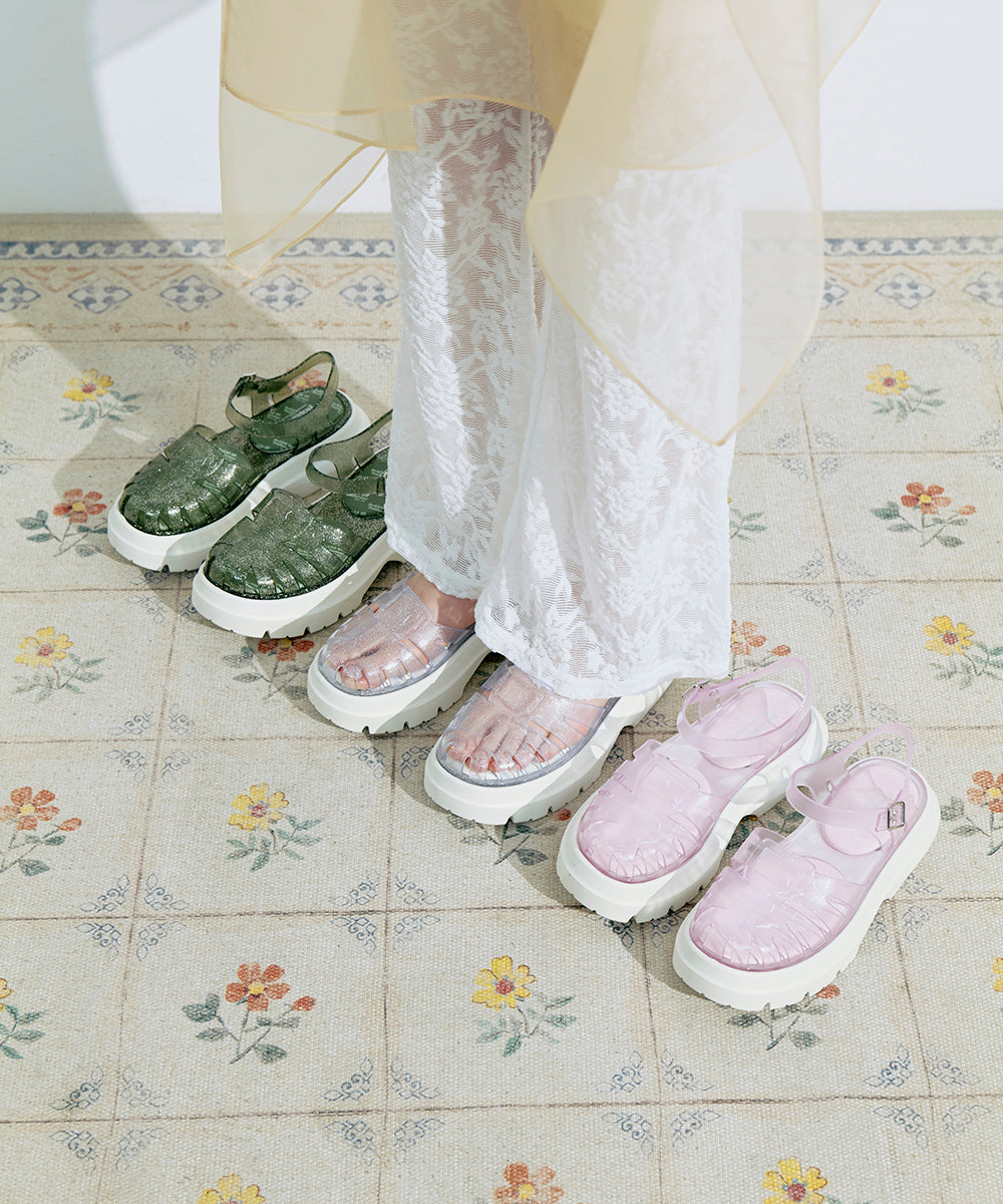 รองเท้าเจลลี่ GLAIR FLATFORM FISHERMAN SANDALS - CLEAR GREEN GLITTER