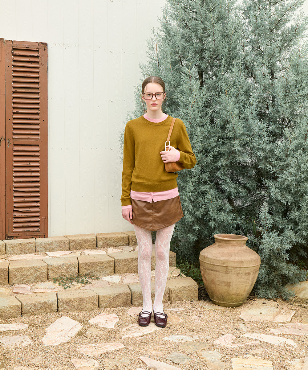 เสื้อสเวตเตอร์ LAYERED PULLOVER - OLIVE/PINK