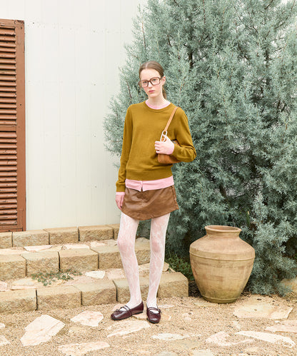 เสื้อสเวตเตอร์ LAYERED PULLOVER - OLIVE/PINK