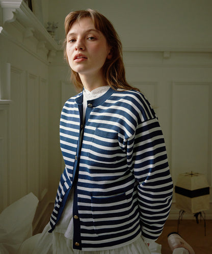 เสื้อคาร์ดิแกน GOLD BUTTON POCKET CARDIGAN - NAVY STRIPE
