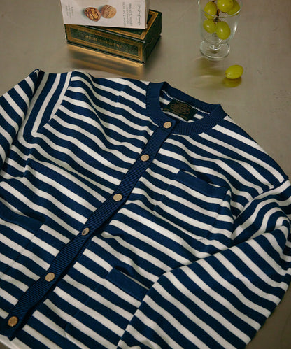 เสื้อคาร์ดิแกน GOLD BUTTON POCKET CARDIGAN - NAVY STRIPE