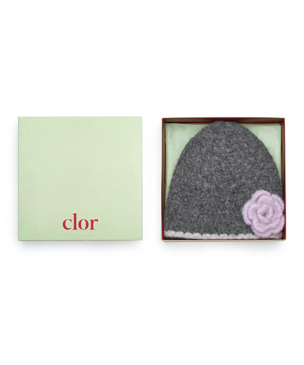 หมวกบีนนี่ HANDMADE FLOWER CROCHET HAT - DARK GREY