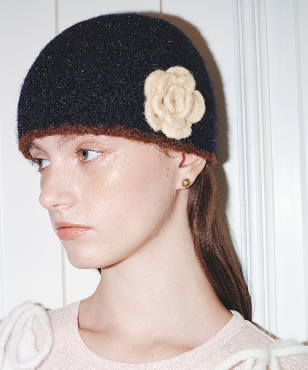 หมวกบีนนี่ HANDMADE FLOWER CROCHET HAT - NAVY