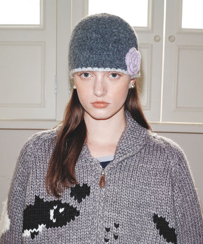 หมวกบีนนี่ HANDMADE FLOWER CROCHET HAT - DARK GREY