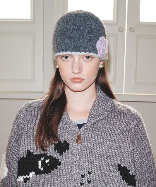 หมวกบีนนี่ HANDMADE FLOWER CROCHET HAT - DARK GREY