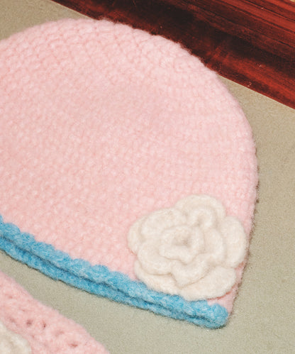หมวกบีนนี่ HANDMADE FLOWER CROCHET HAT - PINK