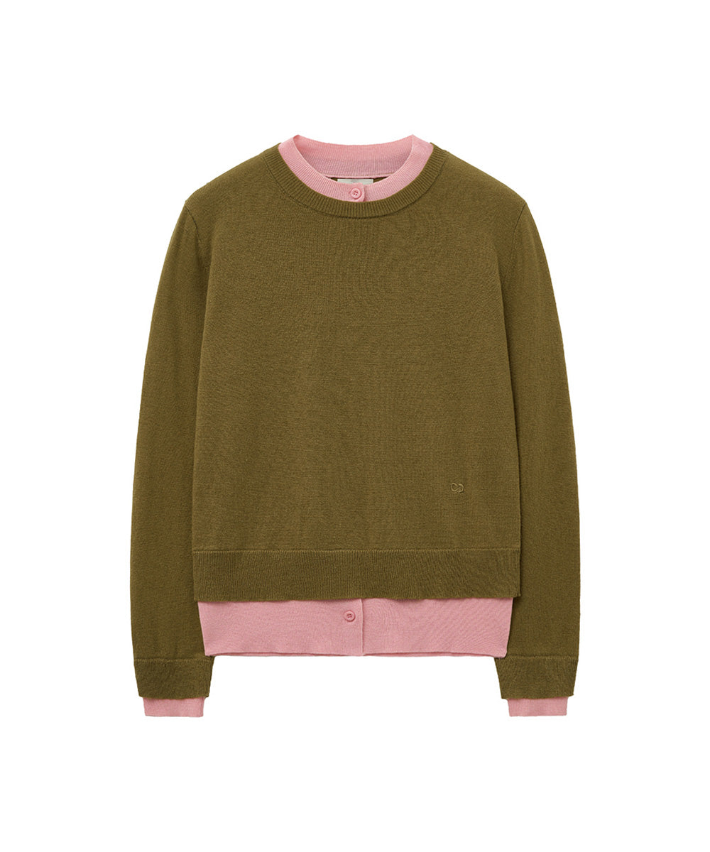 เสื้อสเวตเตอร์ LAYERED PULLOVER - OLIVE/PINK