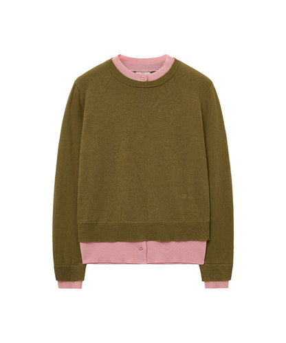เสื้อสเวตเตอร์ LAYERED PULLOVER - OLIVE/PINK