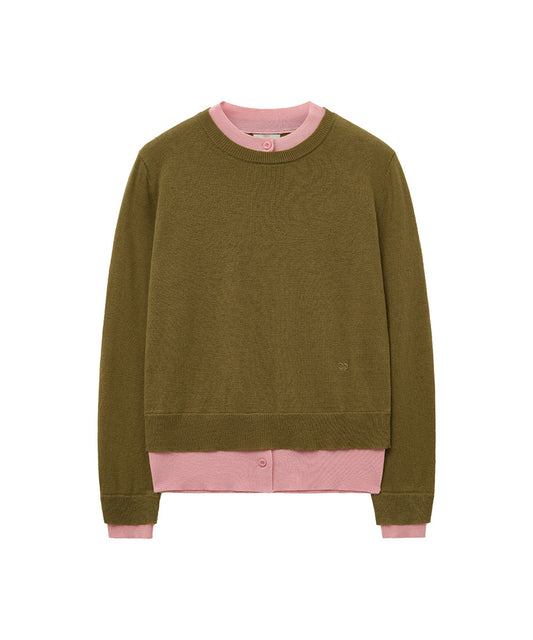 เสื้อสเวตเตอร์ LAYERED PULLOVER - OLIVE/PINK