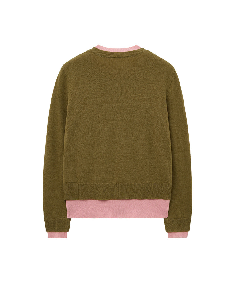 เสื้อสเวตเตอร์ LAYERED PULLOVER - OLIVE/PINK