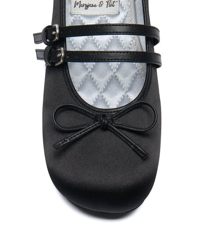 รองเท้าแมรี่เจน SQUARE TOE TWO STRAP MARYJANE SATIN - BLACK