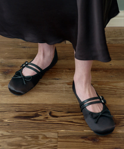 รองเท้าแมรี่เจน SQUARE TOE TWO STRAP MARYJANE SATIN - BLACK