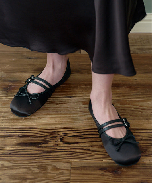 รองเท้าแมรี่เจน SQUARE TOE TWO STRAP MARYJANE SATIN - BLACK