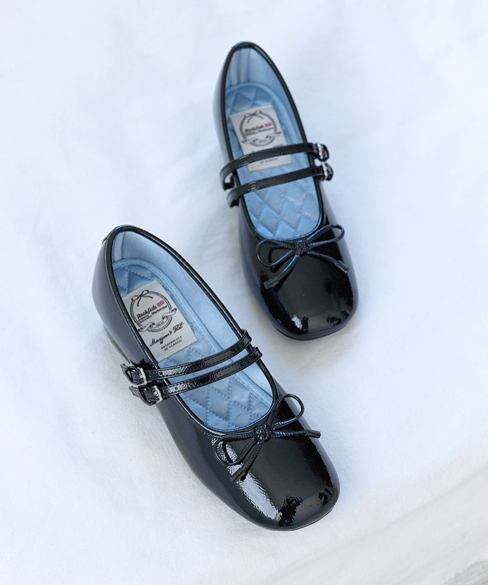 รองเท้าแมรี่เจน SQUARE TOE TWO STRAP MARYJANE (4CM) - BLACK